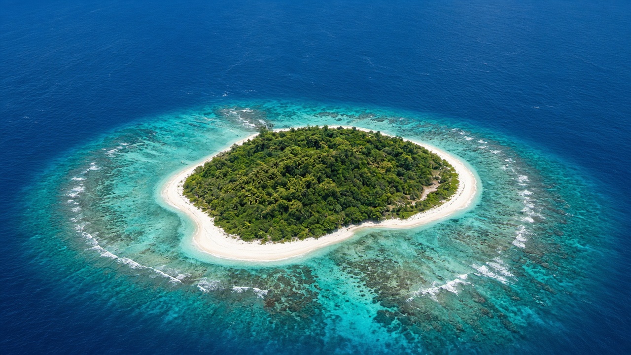 Aerial photograph of a small tropical island ringed by white sand and turquoise reef water fading to deep blue ocean, original AI nature wallpaper
