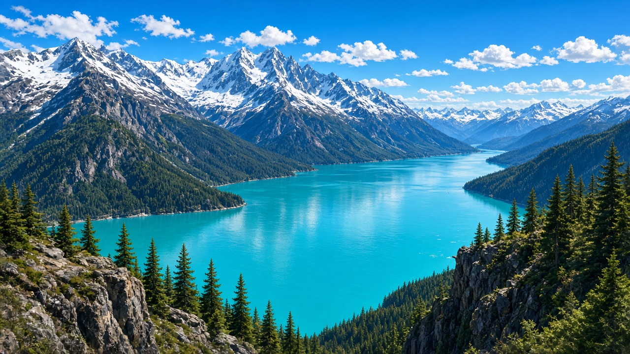 Vivid turquoise glacial lake surrounded by steep forested slopes and snowy peaks, clear bright day, high viewpoint, original AI nature wallpaper