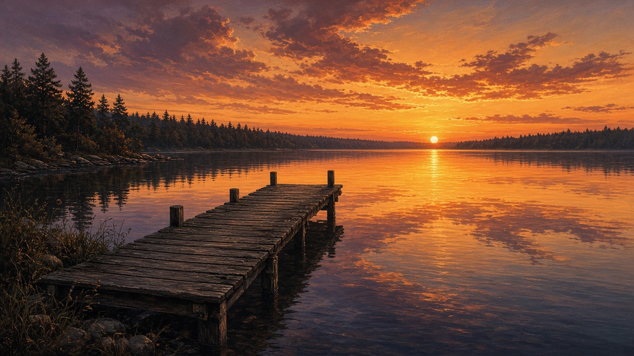 Old wooden dock stretching into a calm lake at sunset, orange sky reflected, distant tree line silhouettes, original AI nature wallpaper