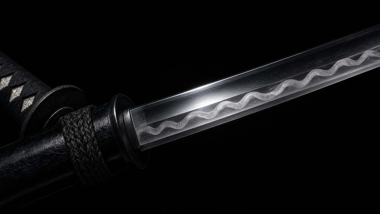 Close-up of a katana blade partly drawn from its black scabbard, wavy temper line glinting, dark background, original AI ninja wallpaper