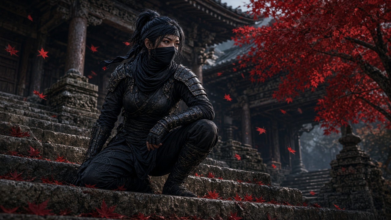 Original adult female ninja in dark gear on temple steps among red maple leaves, calm and alert, original AI ninja wallpaper