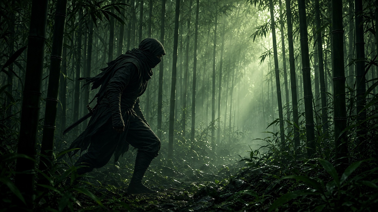 Original adult ninja moving silently through a misty bamboo forest, green light shafts, motion and stealth, original AI ninja wallpaper