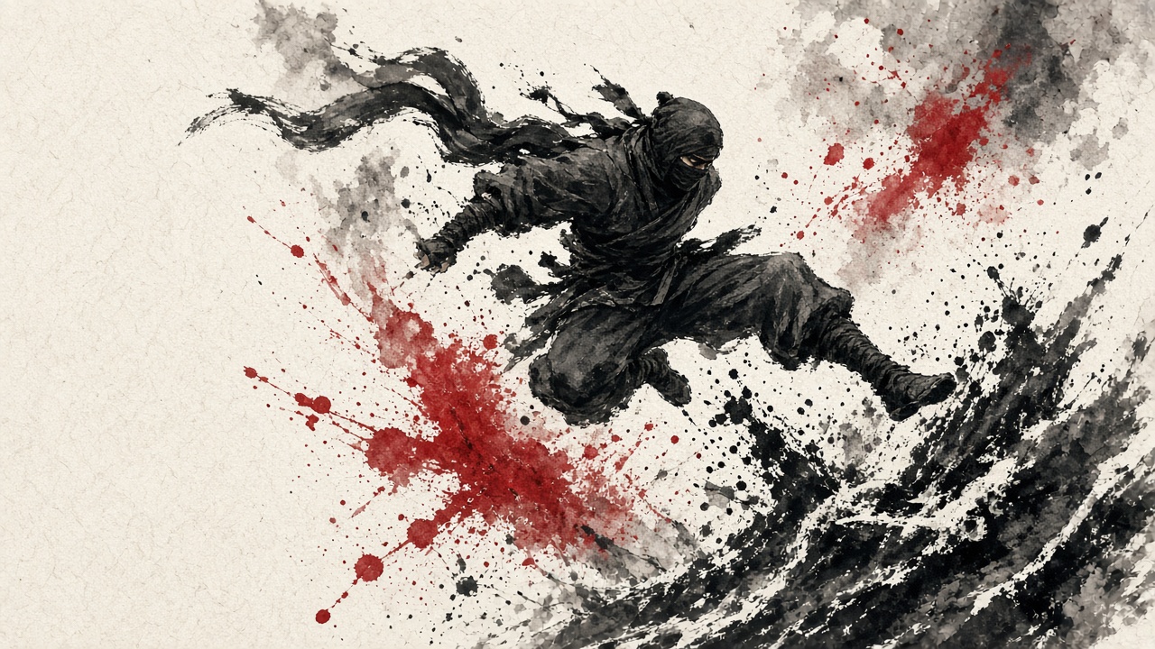 Traditional sumi-e black ink wash painting of an original ninja mid-leap with splashes of red, cream paper, no characters, original AI ninja wallpaper