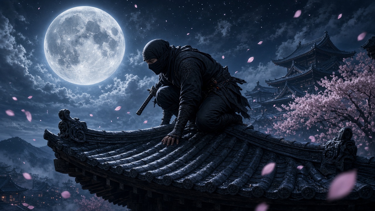Original masked adult ninja in black crouched on a curved temple roof under a giant full moon, cherry petals drifting, original AI ninja wallpaper