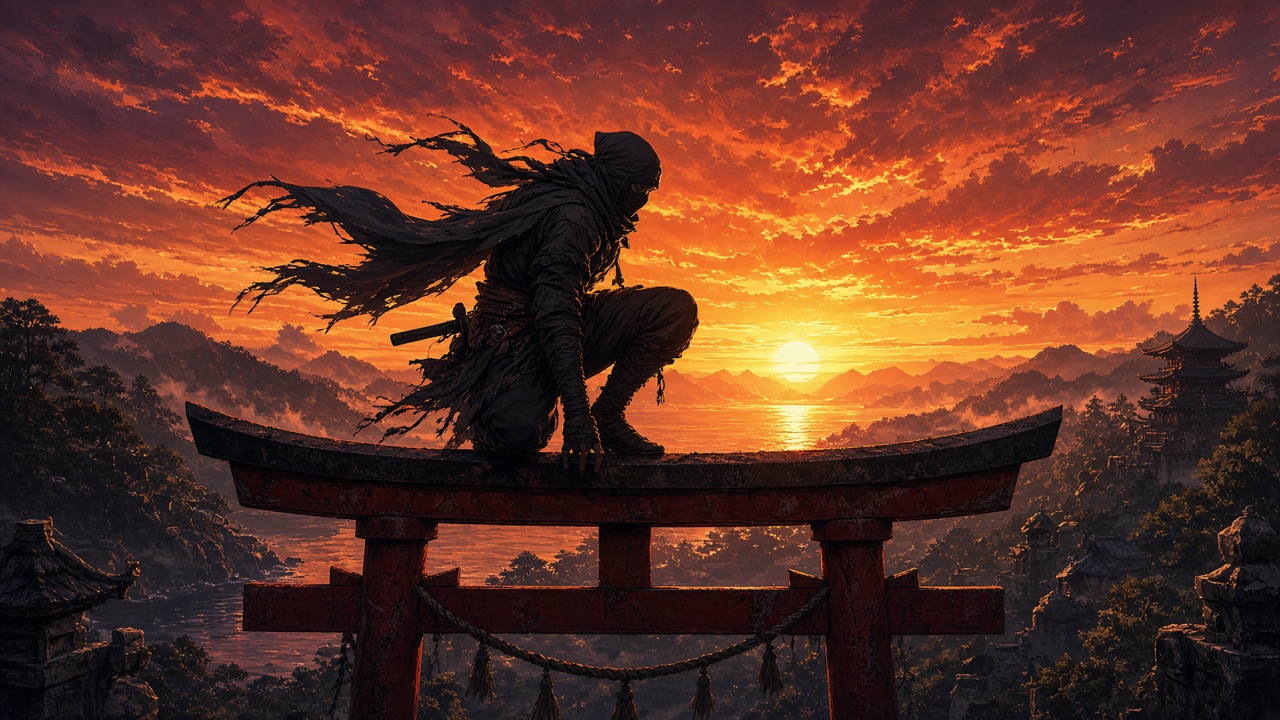 Silhouette of an original adult ninja crouching on top of a red shrine gate against a huge orange sunset, original AI ninja wallpaper