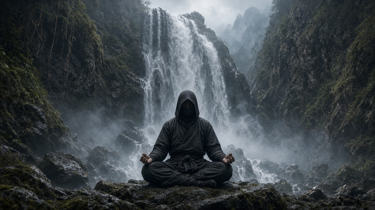 Original adult ninja in a plain dark cloth hood and face wrap, no headband or forehead plate, meditating cross-legged under a mountain waterfall, mist and spray, serene training scene, original AI ninja wallpaper