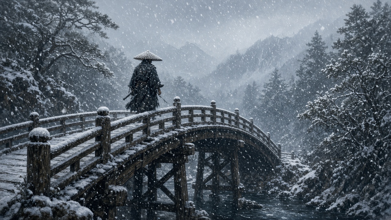 Lone original adult ronin with straw hat crossing an arched wooden bridge in heavy snowfall, quiet winter, original AI ninja wallpaper