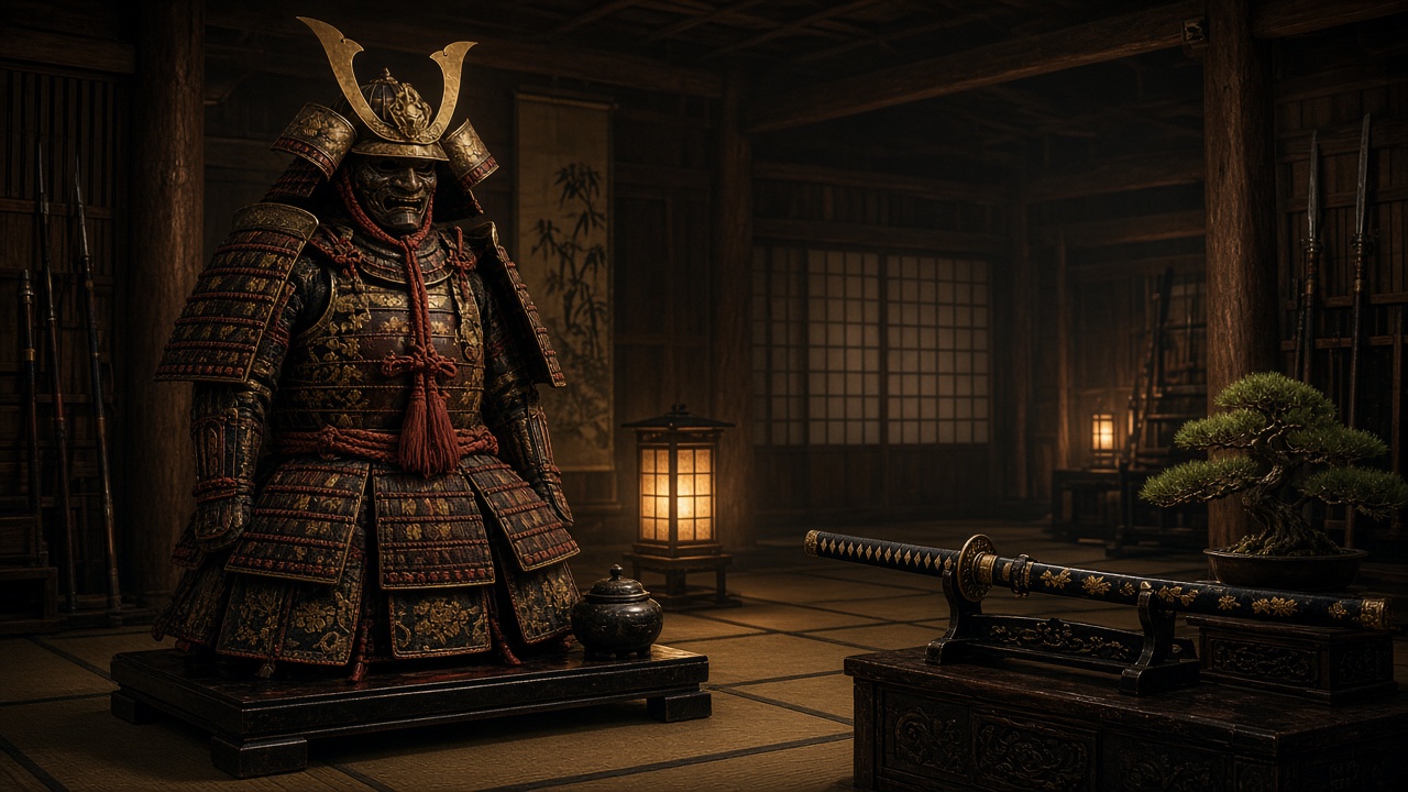 Ornate samurai armor set displayed in a dim wooden dojo, warm lantern light, katana on a stand, no people, original AI ninja wallpaper