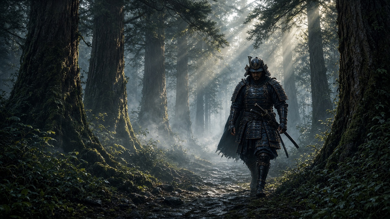Adult samurai in dark lacquered armor walking a misty cedar forest path with shafts of light, original AI ninja wallpaper