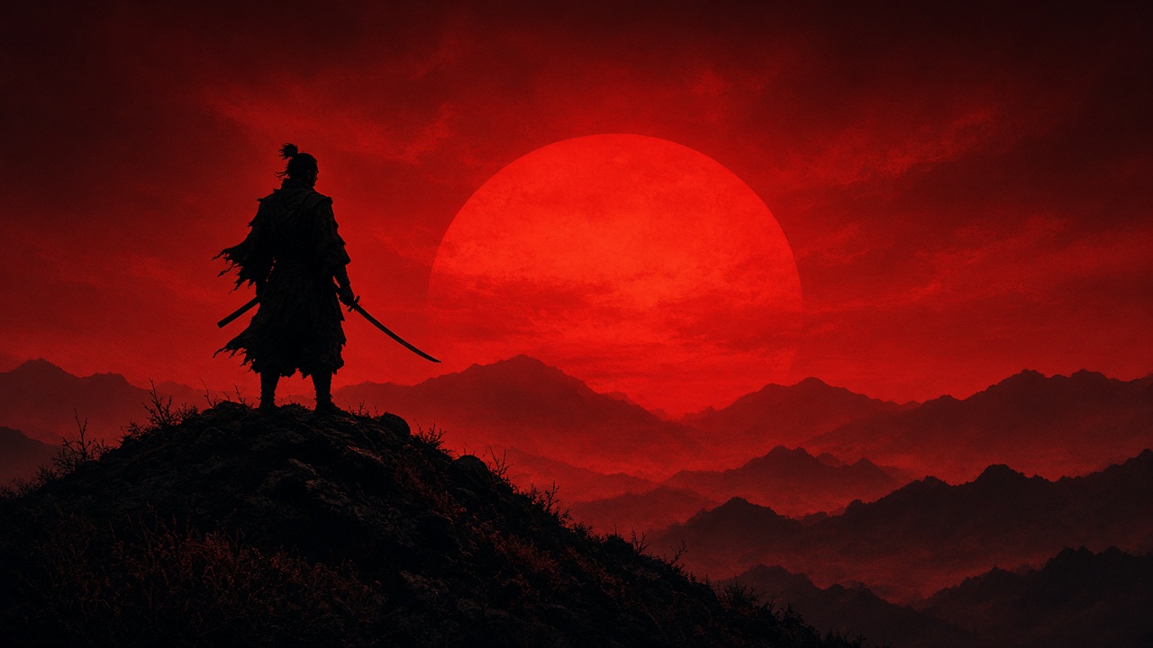 Silhouette of an original adult samurai with katana on a hilltop against a huge red setting sun, minimalist, original AI ninja wallpaper