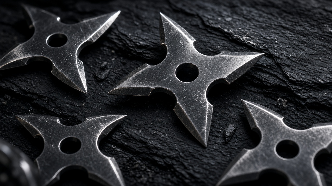 Polished steel shuriken throwing stars scattered on black slate, dramatic rim light, macro still life, original AI ninja wallpaper