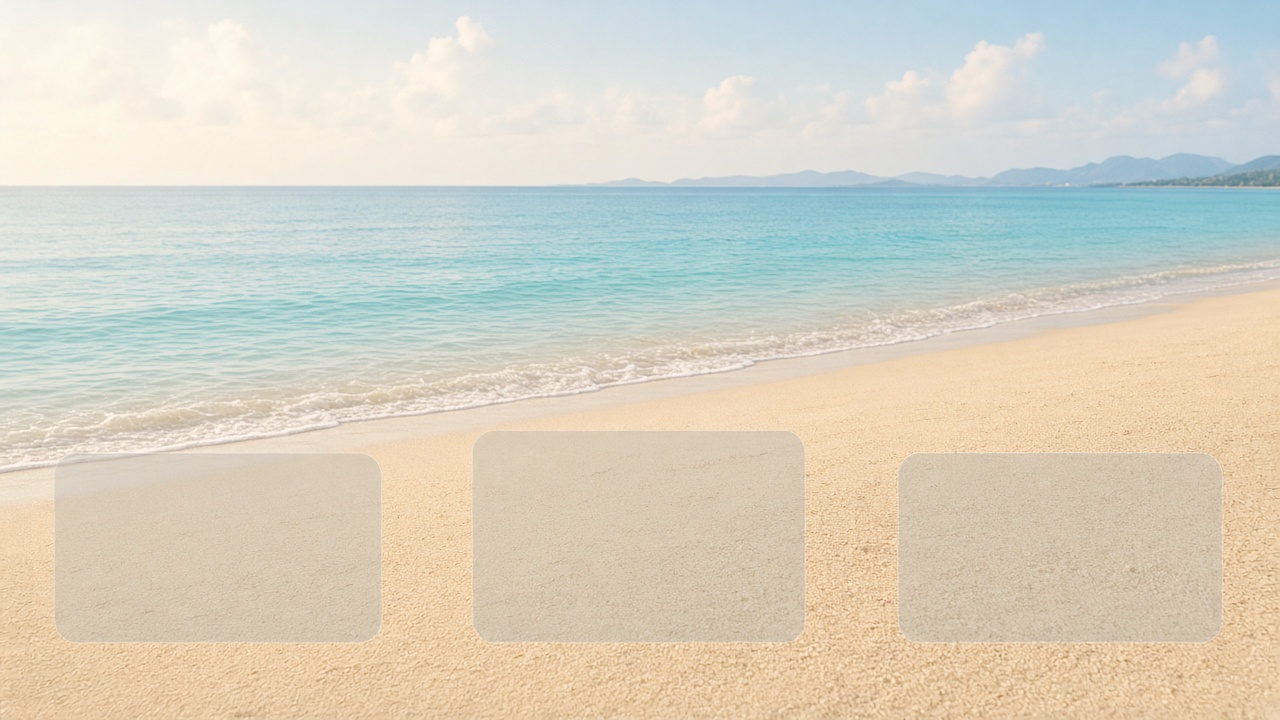 Flat 2D desktop wallpaper of a calm beach and soft sand with three faint frosted rounded rectangle zones overlaid flat on the image, empty, no objects, no text, original AI organizer wallpaper