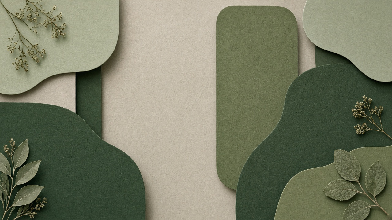 Calm desktop organizer background of soft rounded forest green and moss color blocks with empty zones, no text, original AI organizer wallpaper