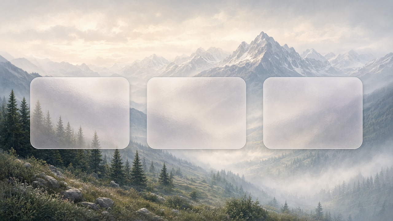 Soft-focus mountain landscape with three blank frosted glass panels overlaid for sorting desktop icons, original AI organizer wallpaper