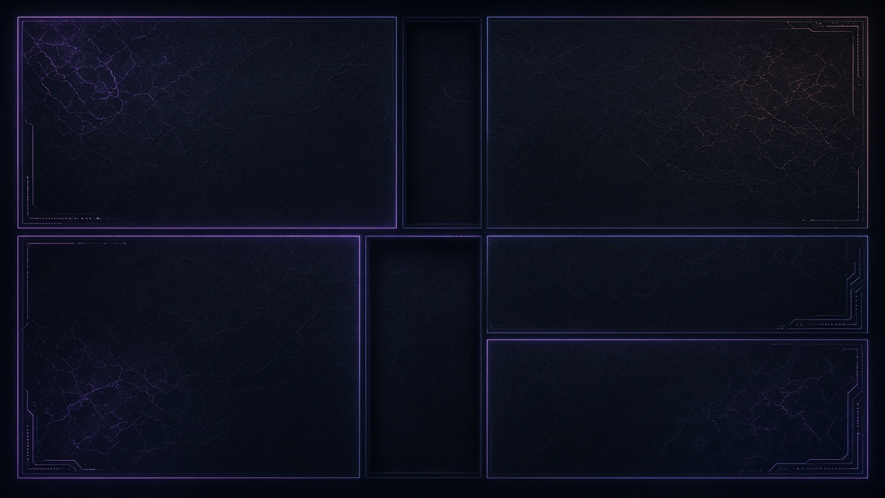 Flat 2D dark desktop wallpaper with thin glowing neon outline rectangles dividing the screen into empty zones, graphic design, no objects, no text, original AI organizer wallpaper