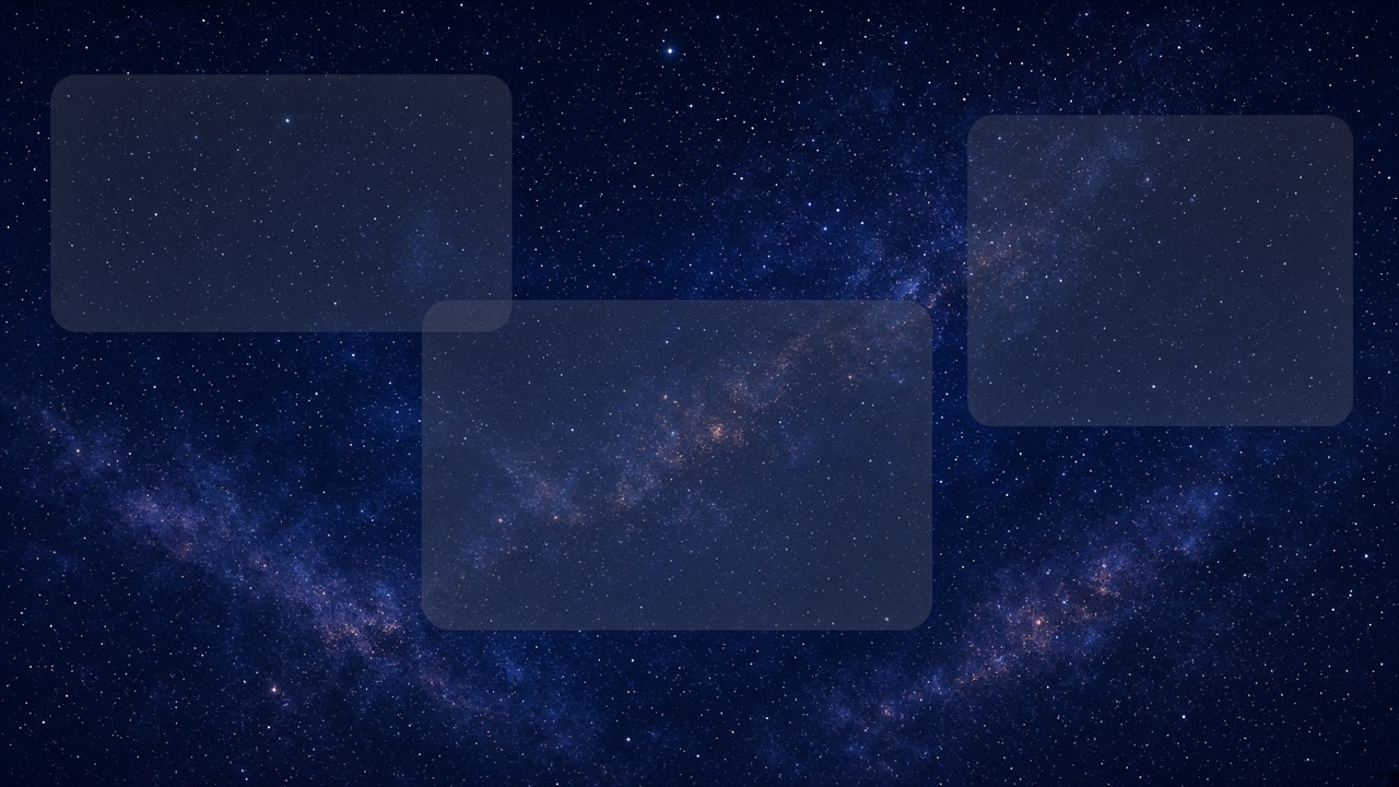 Flat 2D desktop wallpaper of a starry night sky with three large faint semi-transparent rounded rectangle zones overlaid flat on the screen, empty, no objects, no text, original AI organizer wallpaper