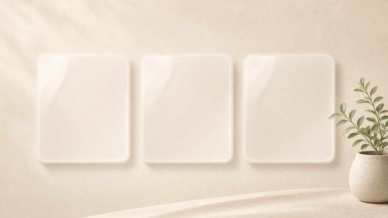 Minimal desktop organizer wallpaper: soft beige background with three blank rounded translucent panels for icons, tiny plant at the edge, original AI organizer wallpaper