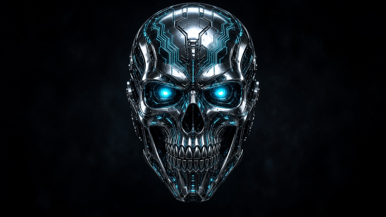 Centered chrome cyber skull with glowing cyan circuitry, dark background, original AI profile picture wallpaper