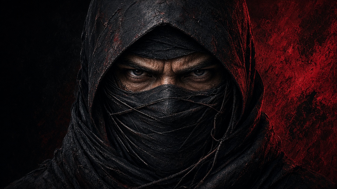 Centered close-up portrait of an original masked adult ninja with intense eyes, red and black background, original AI profile picture wallpaper