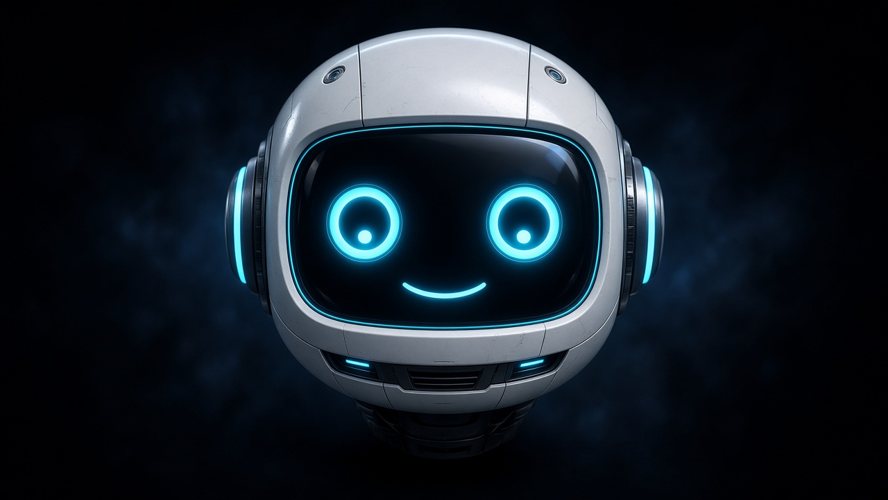 Centered friendly robot face with glowing cyan eyes on dark background, avatar composition, original AI profile picture wallpaper