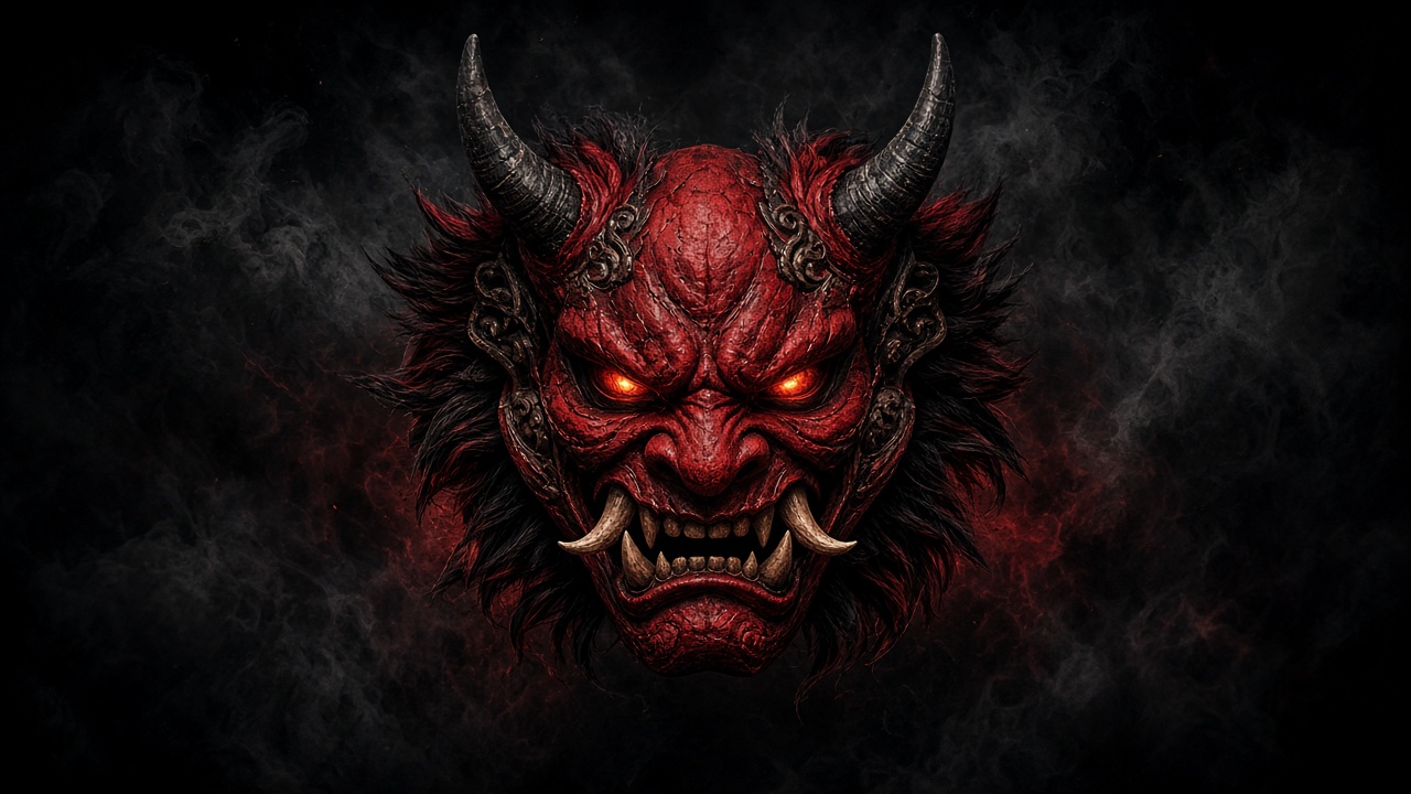 Centered red oni demon mask artwork on dark smoky background, bold avatar style, original AI profile picture wallpaper