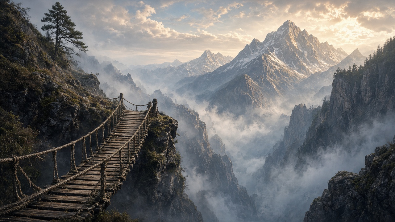 Narrow rope bridge stretching across a misty chasm toward sunlit mountains, no text, original AI motivational wallpaper