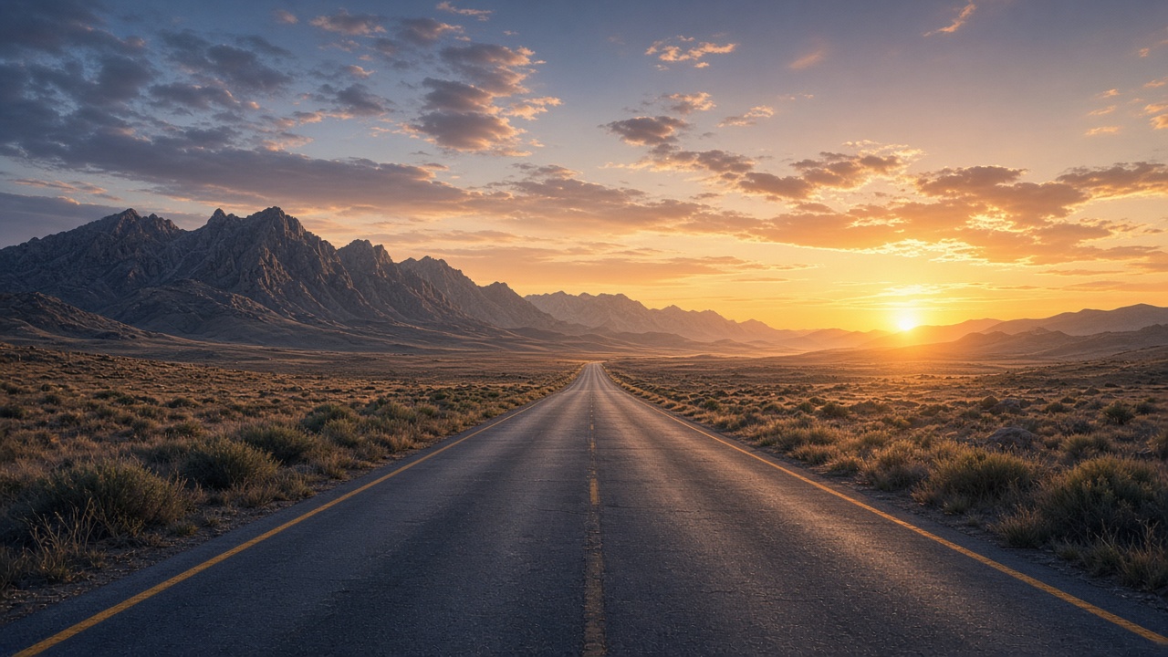Empty straight road stretching toward distant mountains at sunrise, inspiring open space, no text, original AI motivational wallpaper