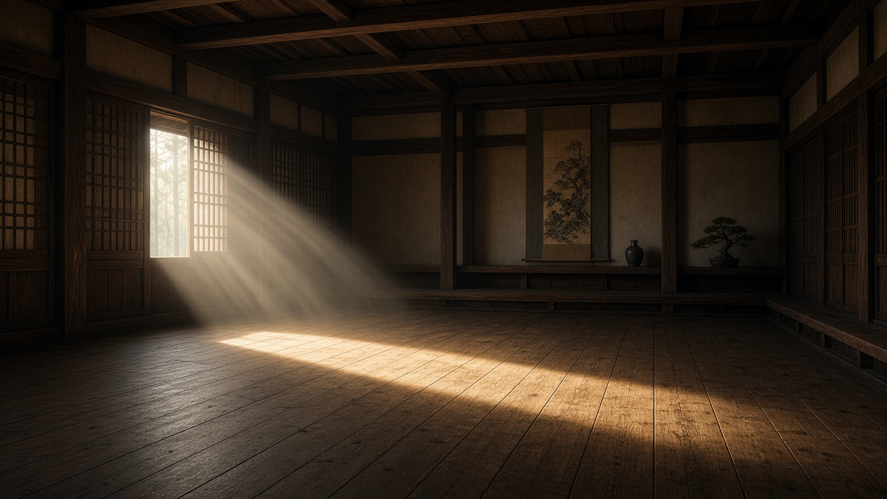 Quiet empty wooden dojo with a single beam of morning light on the floor, discipline and focus, original AI motivational wallpaper