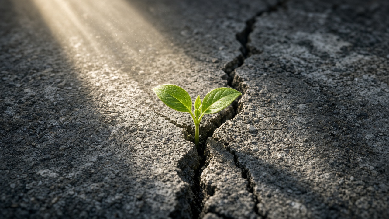 Tiny green seedling growing through a crack in grey concrete in a ray of light, no text, original AI motivational wallpaper