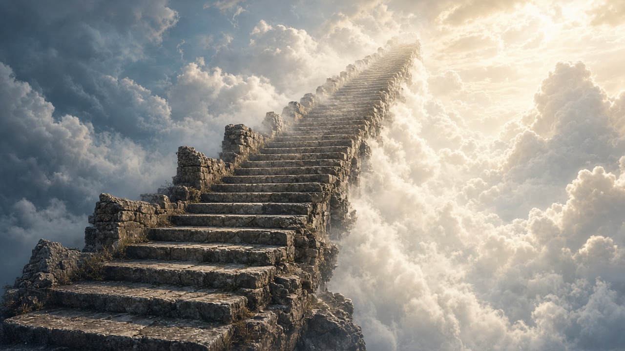 Surreal stone staircase rising into bright clouds, ambition and progress concept, original AI motivational wallpaper