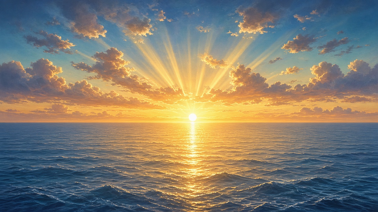 Sun breaking over the ocean horizon with rays across the water, fresh start mood, original AI motivational wallpaper