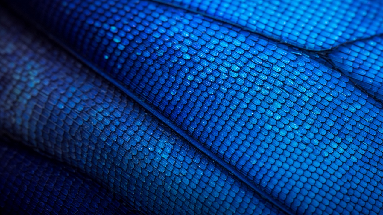 Extreme close-up of an iridescent blue butterfly wing scales, original AI wallpaper