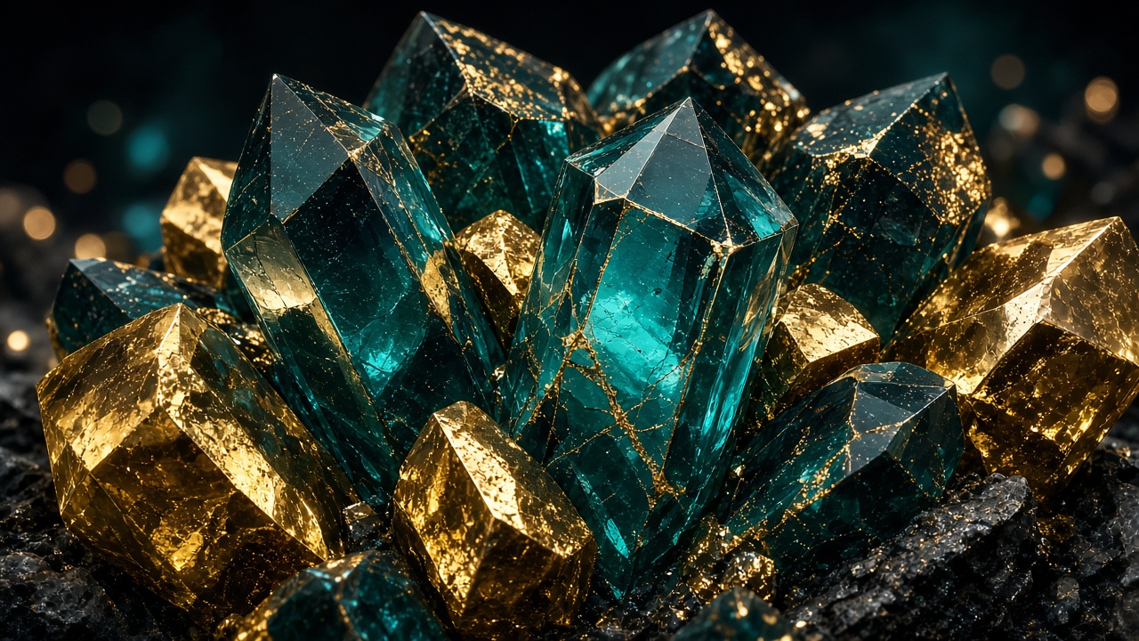 Crisp 3D render of faceted geometric crystals in teal and gold, sharp edges, original AI wallpaper