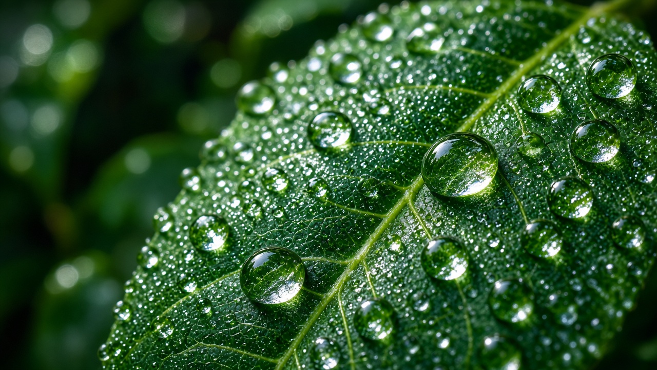 Sharp macro of a green leaf with water droplets reflecting light, crisp detail, original AI wallpaper