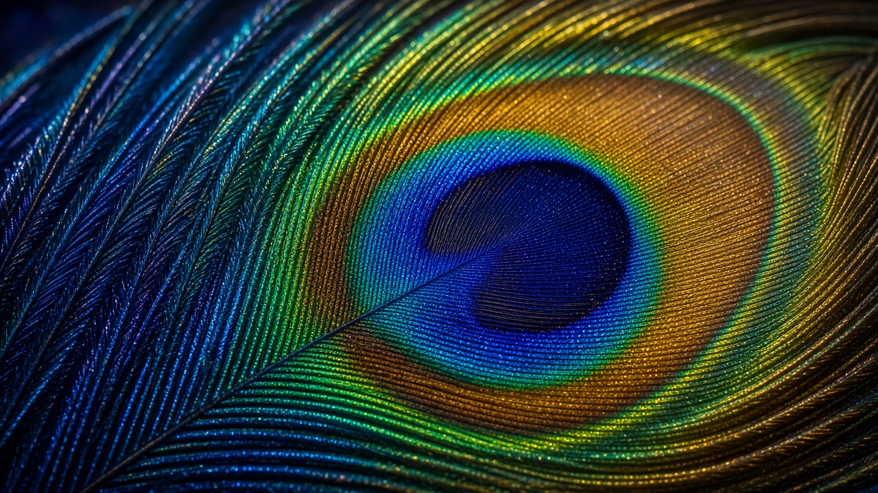Extreme macro of an iridescent peacock feather eye showing fine filaments in vivid blue, green and gold, original AI resolution showcase wallpaper