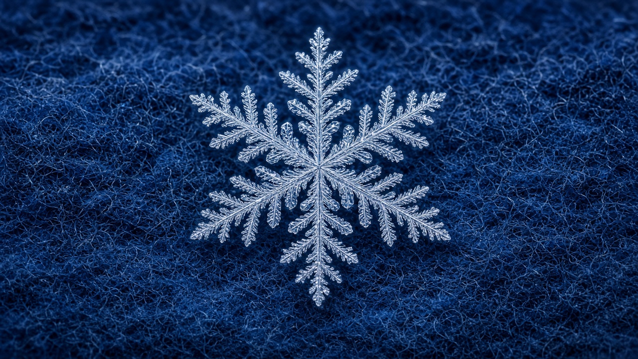 Extreme macro of a single perfect snowflake crystal on dark blue wool, every branch sharp, original AI resolution showcase wallpaper