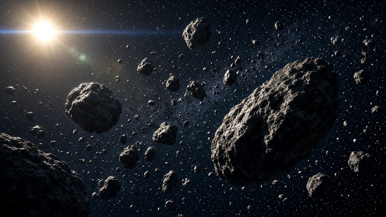 Tumbling asteroids of all sizes lit by a bright distant sun with lens flare in deep space, original AI space wallpaper