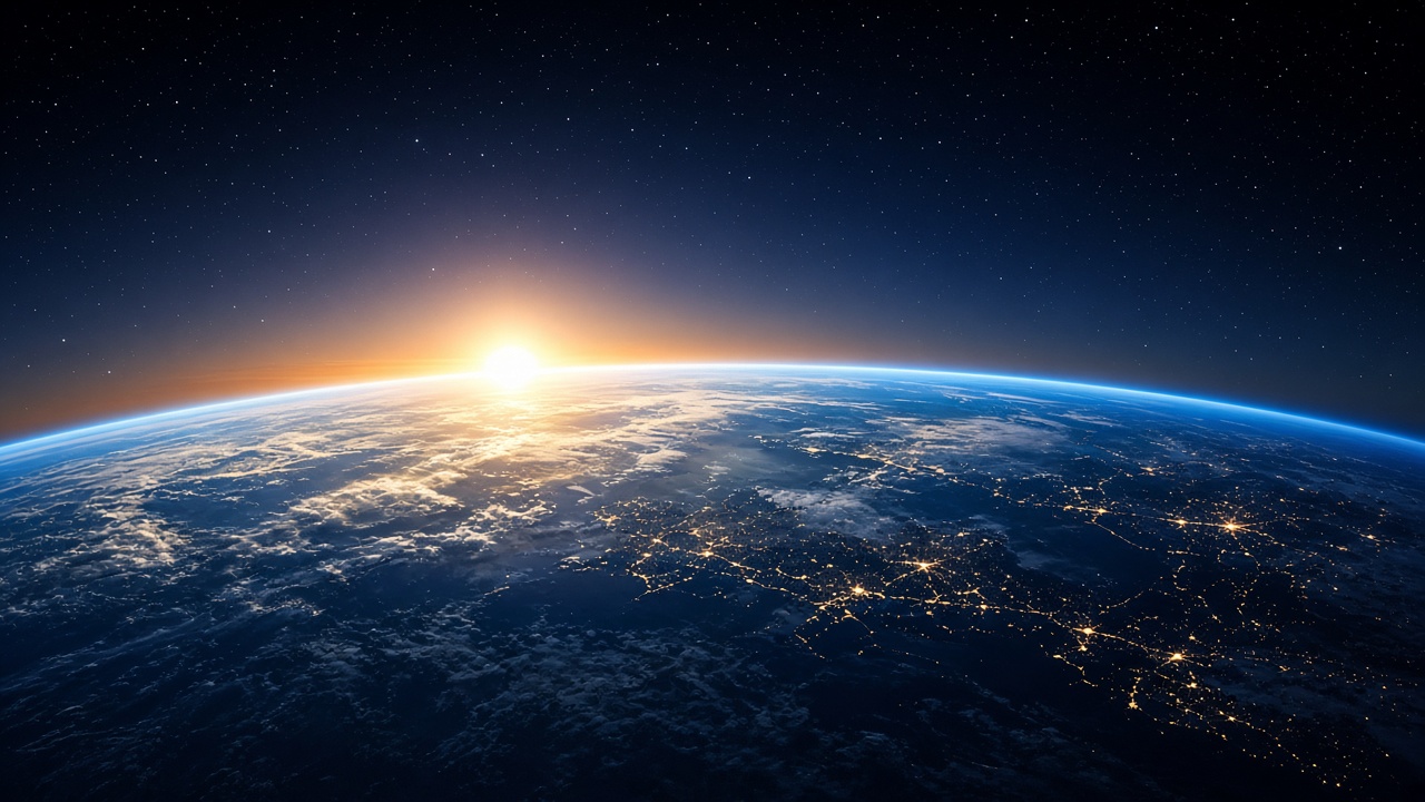 Sunrise over the curved horizon of a blue ocean planet seen from orbit, thin glowing atmosphere, city lights on night side, original AI space wallpaper