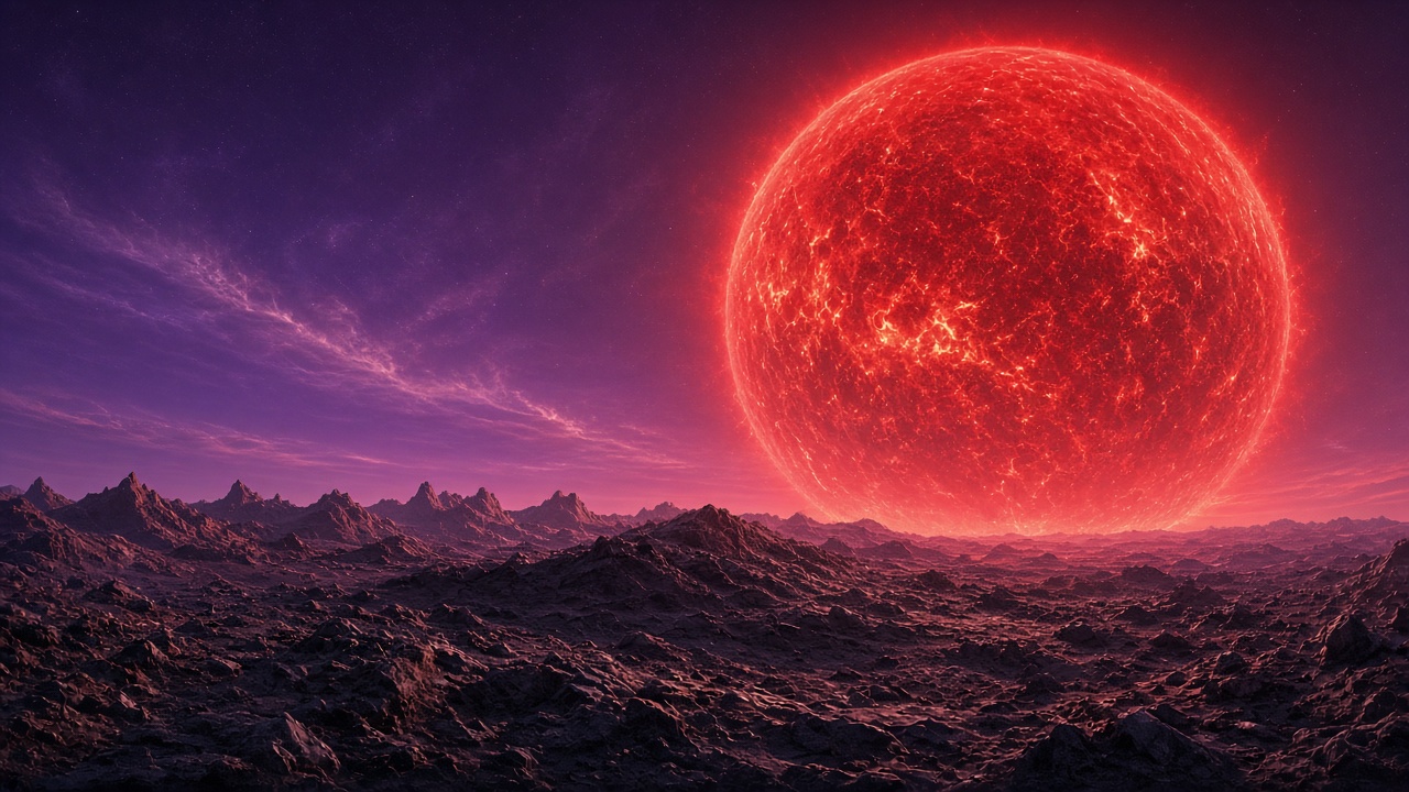 Huge red dwarf star rising over the rocky horizon of a barren exoplanet with thin purple atmosphere, original AI space wallpaper