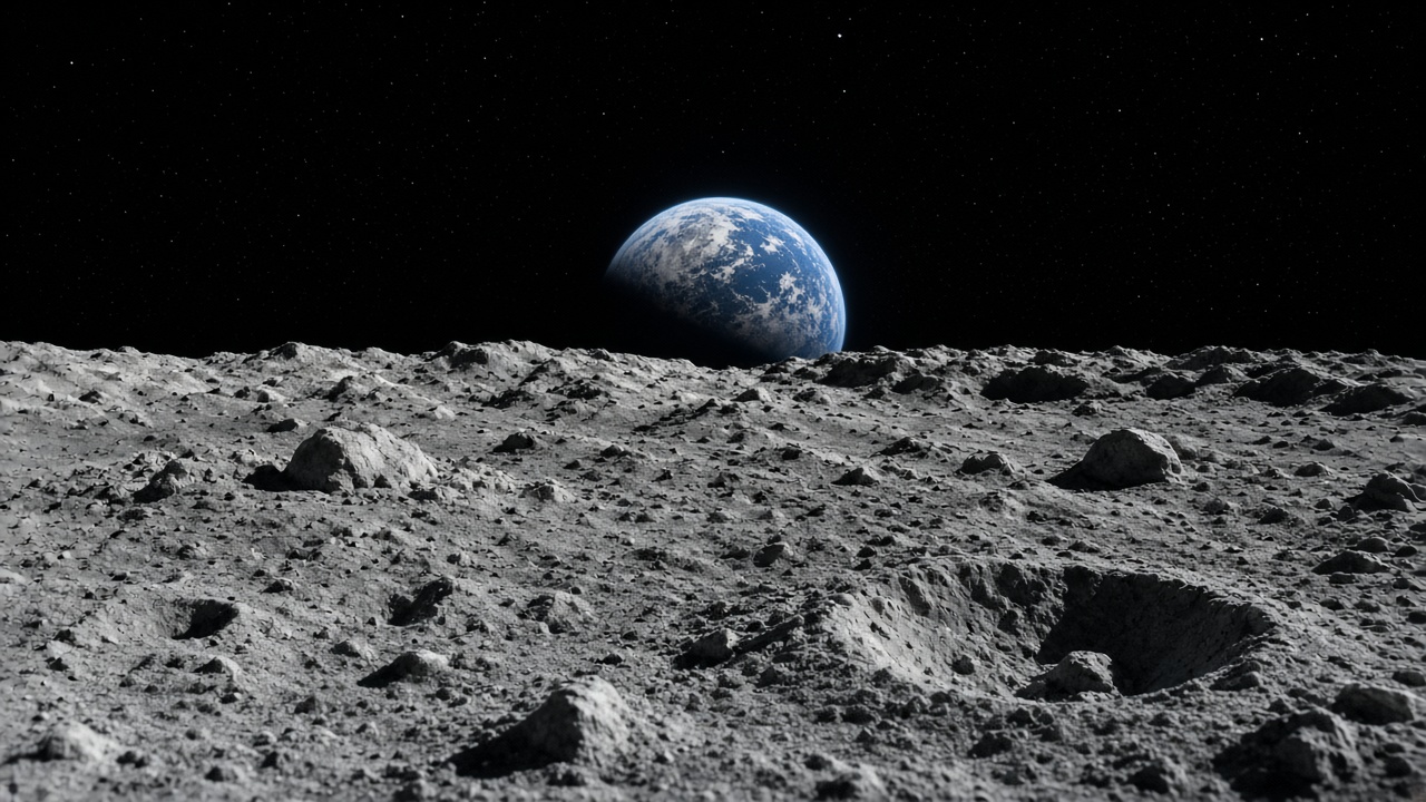 Grey cratered moon surface with a blue planet rising over the horizon against black space, original AI space wallpaper