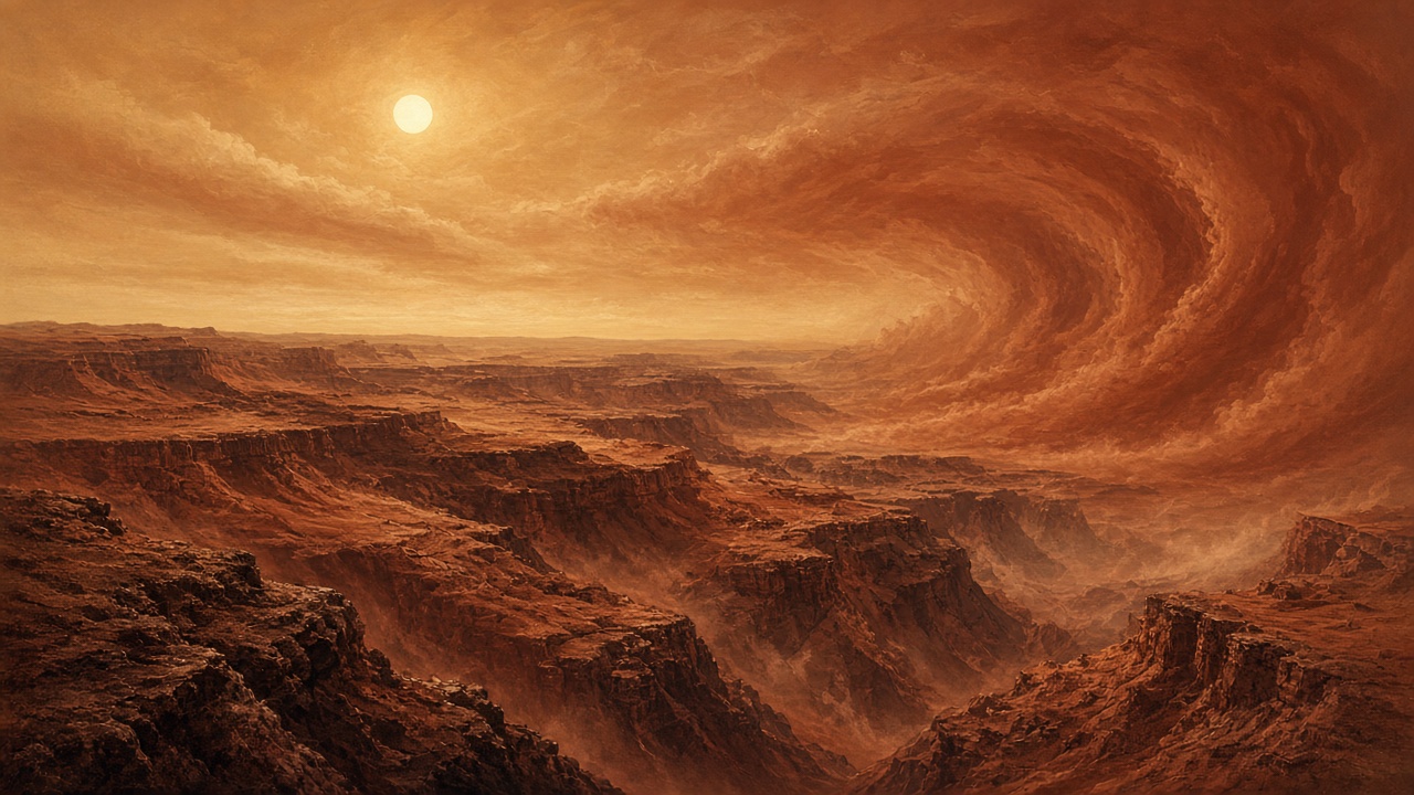 Vast rusty red planet canyon with swirling dust and a small pale sun in a butterscotch sky, original AI space wallpaper
