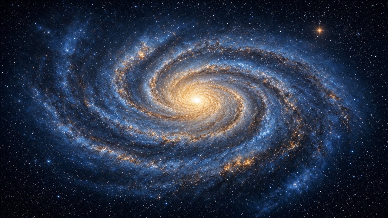 Majestic blue and gold spiral galaxy seen face-on in deep space, countless stars, astrophotography style, original AI space wallpaper
