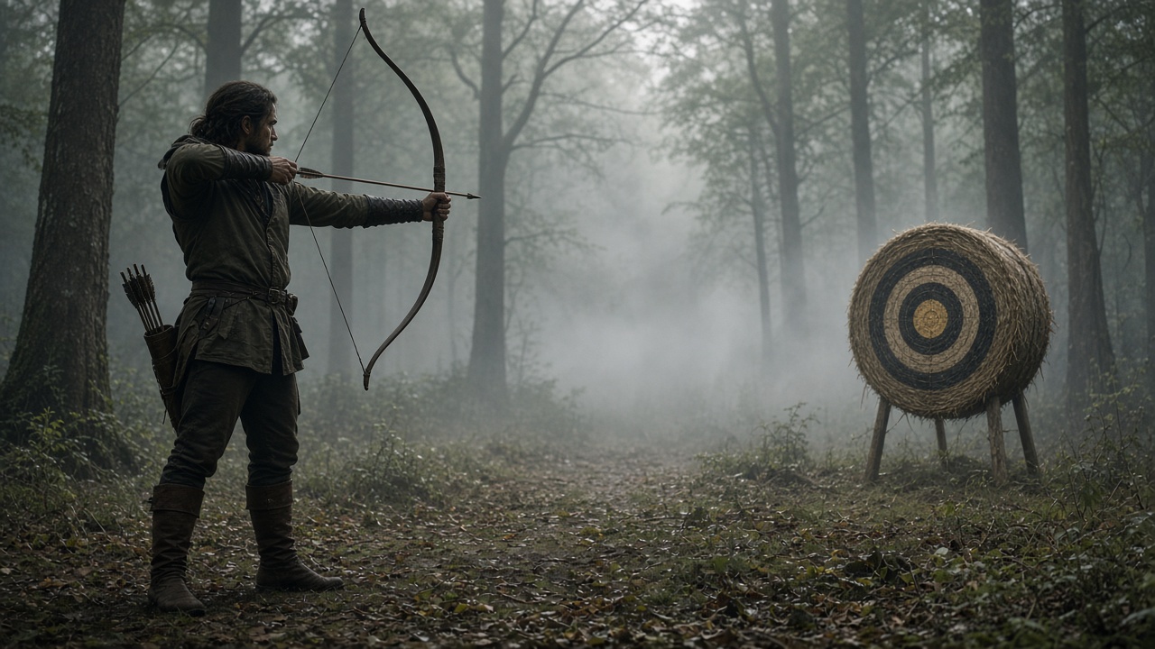 Adult archer drawing a recurve bow aiming at a round straw target on a misty forest range, side view, unbranded, original AI sports wallpaper