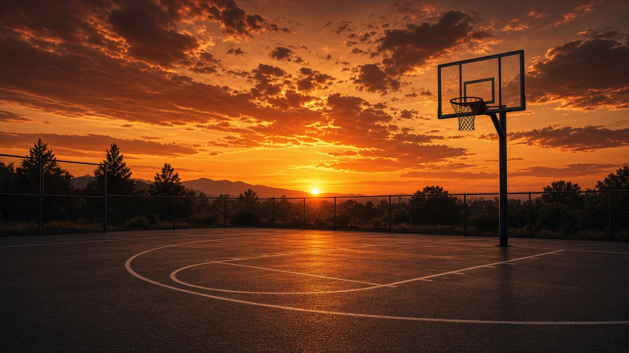 Empty outdoor basketball court with a hoop silhouetted at sunset, warm sky, no logos, original AI sports wallpaper