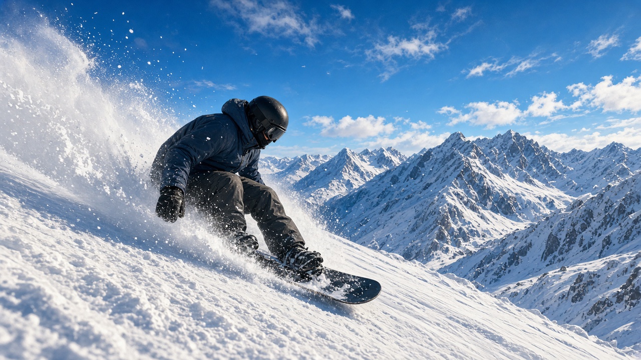Adult snowboarder spraying powder snow on a mountain slope, blue sky, plain gear, original AI sports wallpaper