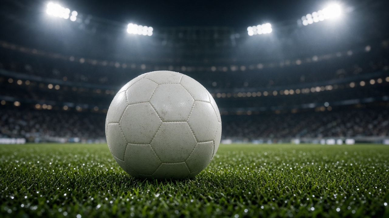 Plain white soccer ball on wet grass under bright stadium floodlights, empty stands blurred, original AI sports wallpaper