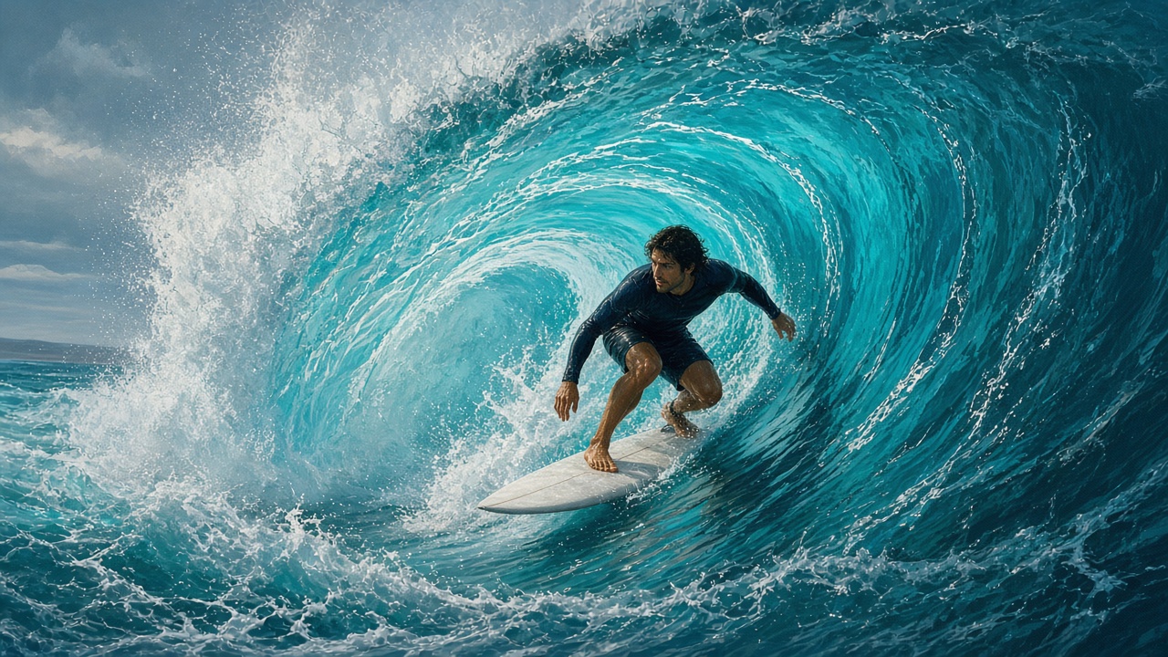 Adult surfer riding a huge turquoise wave barrel, spray, action shot, plain board, original AI sports wallpaper