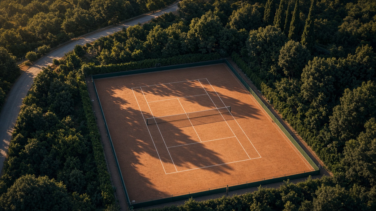 Aerial view of a clay tennis court with long evening shadows, minimal and empty, original AI sports wallpaper