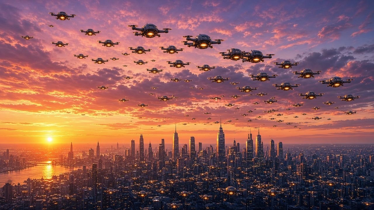 Swarm of small glowing drones flying in formation over a city skyline at sunset, original AI tech wallpaper