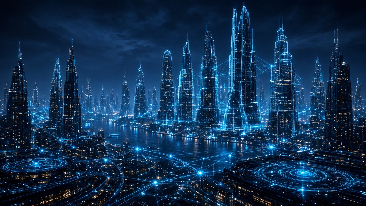 Futuristic city skyline with holographic blue wireframe overlays, night, no text, original AI tech wallpaper